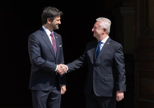 From right Czech Defence Minister Jaromir Zuna (SPD) meets Slovak Defence Minister Robert Kalinak in Prague, Czech Republic, July 15. 2026. (CTKxPhoto MichaelaxRihova) CTKPhotoP2026071502637  CTKPhotoP2026071502637