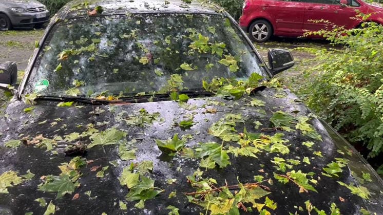 Unwetter in Reutlingen, Eine schwere Gewitterzelle mit intensivem Hagel zieht über Reutlingen hinweg. Innerhalb kurzer Zeit gehen kräftige Regenfälle und teils größerer Hagel nieder. Straßen und Plätze stehen stellenweise unter Wasser, während Blitz und Donner das Unwetter begleiten. Reutlingen Baden-Württemberg Deutschland Reutlingen *** Severe weather in Reutlingen: A severe thunderstorm cell with intense hail is moving across Reutlingen. Within a short time, heavy rain and, in some cases, large hailstones are falling. Streets and squares are flooded in places, while lightning and thunder accompany the storm. Reutlingen, Baden-Württemberg, Germany. Reutlingen Copyright: x xonw-imagesx xNicklasxWaltherx