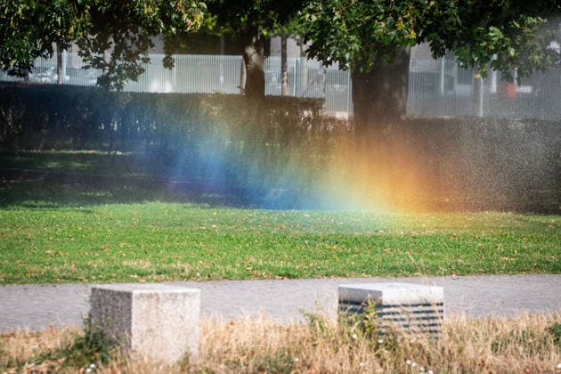 Berlin, Rasensprenger Ein Regenbogen im Wasser eines Rasensprengers auf der Wiese nahe dem Bundestags am 15.07.2026 in Berlin. Berlin Bundeskanzleramt Berlin Deutschland *** Berlin, Lawn Sprinkler: A rainbow in the water from a lawn sprinkler on a lawn near the Bundestag on July 15, 2026, in Berlin, Berlin, Federal Chancellery, Berlin, Germany