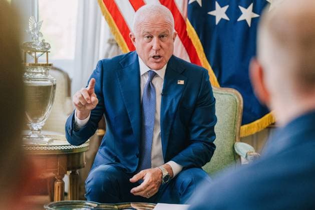 US ambassador to Belgium Bill White delivers a speech at a press conference regarding his audience with King Philippe and his ongoing efforts in Belgium to strengthen relations between the United States and Belgium on Wednesday 15 July 2026, in Brussels.  EMILExWINDAL 181177459