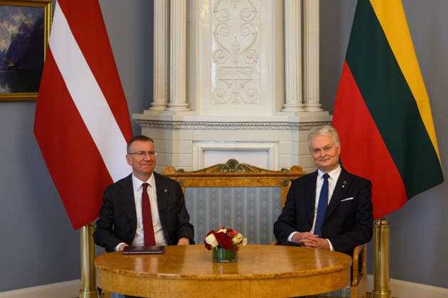 Gitanas Nauseda - Edgars Rinkvics meeting in Vilnius VILNIUS, LITHUANIA - JULY 15: Lithuanian President Gitanas Nauseda meets with Latvian President Edgars Rinkevics during his state visit to Vilnius, Lithuania on July 15, 2026. The leaders discussed regional security, defense cooperation, support for Ukraine, energy projects and the development of bilateral economic ties. Lithuania and Latvia signed a declaration confirming their strategic partnership and common priorities in security and other key areas. The visit marks the 35th anniversary of the restoration of diplomatic relations between the two Baltic states. Yauhen Yerchak Anadolu Vilnius Lithuania. Editorial use only. Please get in touch for any other usage.  Copyright: x2026xAnadoluxYauhenxYerchakx