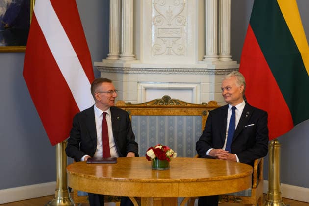 Gitanas Nauseda - Edgars Rinkvics meeting in Vilnius VILNIUS, LITHUANIA - JULY 15: Lithuanian President Gitanas Nauseda meets with Latvian President Edgars Rinkevics during his state visit to Vilnius, Lithuania on July 15, 2026. The leaders discussed regional security, defense cooperation, support for Ukraine, energy projects and the development of bilateral economic ties. Lithuania and Latvia signed a declaration confirming their strategic partnership and common priorities in security and other key areas. The visit marks the 35th anniversary of the restoration of diplomatic relations between the two Baltic states. Yauhen Yerchak Anadolu Vilnius Lithuania. Editorial use only. Please get in touch for any other usage.  Copyright: x2026xAnadoluxYauhenxYerchakx