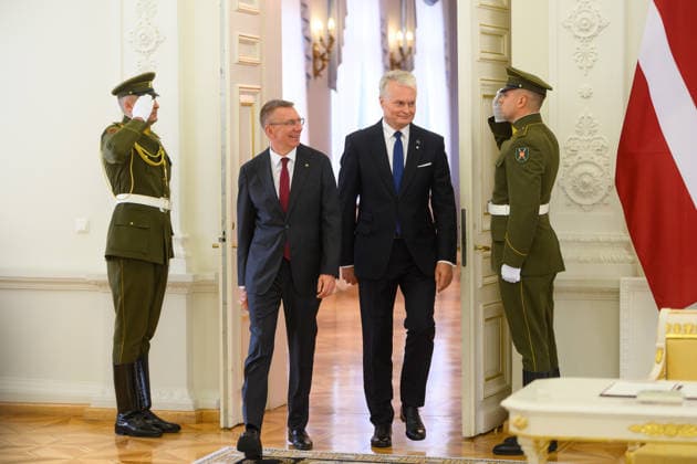 Gitanas Nauseda - Edgars Rinkvics meeting in Vilnius VILNIUS, LITHUANIA - JULY 15: Lithuanian President Gitanas Nauseda meets with Latvian President Edgars Rinkevics during his state visit to Vilnius, Lithuania on July 15, 2026. The leaders discussed regional security, defense cooperation, support for Ukraine, energy projects and the development of bilateral economic ties. Lithuania and Latvia signed a declaration confirming their strategic partnership and common priorities in security and other key areas. The visit marks the 35th anniversary of the restoration of diplomatic relations between the two Baltic states. Yauhen Yerchak Anadolu Vilnius Lithuania. Editorial use only. Please get in touch for any other usage.  Copyright: x2026xAnadoluxYauhenxYerchakx