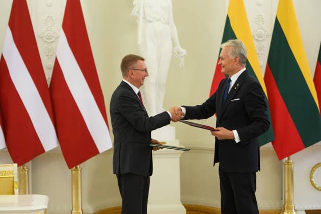 Gitanas Nauseda - Edgars Rinkvics meeting in Vilnius VILNIUS, LITHUANIA - JULY 15: Lithuanian President Gitanas Nauseda meets with Latvian President Edgars Rinkevics during his state visit to Vilnius, Lithuania on July 15, 2026. The leaders discussed regional security, defense cooperation, support for Ukraine, energy projects and the development of bilateral economic ties. Lithuania and Latvia signed a declaration confirming their strategic partnership and common priorities in security and other key areas. The visit marks the 35th anniversary of the restoration of diplomatic relations between the two Baltic states. Yauhen Yerchak Anadolu Vilnius Lithuania. Editorial use only. Please get in touch for any other usage.  Copyright: x2026xAnadoluxYauhenxYerchakx