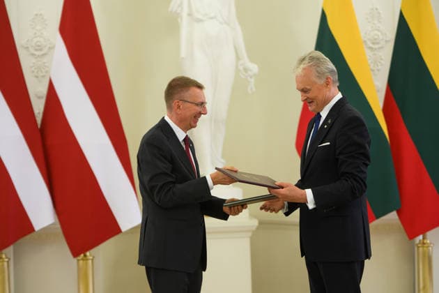 Gitanas Nauseda - Edgars Rinkvics meeting in Vilnius VILNIUS, LITHUANIA - JULY 15: Lithuanian President Gitanas Nauseda meets with Latvian President Edgars Rinkevics during his state visit to Vilnius, Lithuania on July 15, 2026. The leaders discussed regional security, defense cooperation, support for Ukraine, energy projects and the development of bilateral economic ties. Lithuania and Latvia signed a declaration confirming their strategic partnership and common priorities in security and other key areas. The visit marks the 35th anniversary of the restoration of diplomatic relations between the two Baltic states. Yauhen Yerchak Anadolu Vilnius Lithuania. Editorial use only. Please get in touch for any other usage.  Copyright: x2026xAnadoluxYauhenxYerchakx