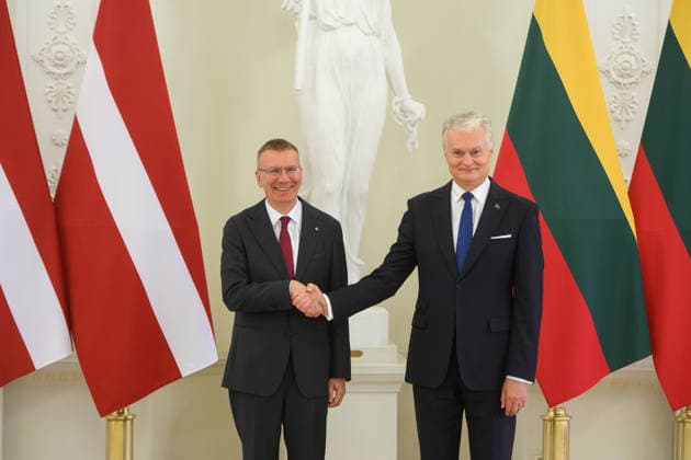 Gitanas Nauseda - Edgars Rinkvics meeting in Vilnius VILNIUS, LITHUANIA - JULY 15: Lithuanian President Gitanas Nauseda meets with Latvian President Edgars Rinkevics during his state visit to Vilnius, Lithuania on July 15, 2026. The leaders discussed regional security, defense cooperation, support for Ukraine, energy projects and the development of bilateral economic ties. Lithuania and Latvia signed a declaration confirming their strategic partnership and common priorities in security and other key areas. The visit marks the 35th anniversary of the restoration of diplomatic relations between the two Baltic states. Yauhen Yerchak Anadolu Vilnius Lithuania. Editorial use only. Please get in touch for any other usage.  Copyright: x2026xAnadoluxYauhenxYerchakx