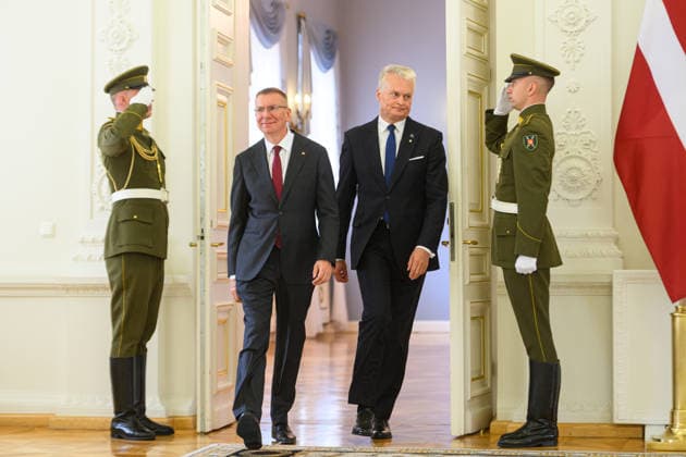 Gitanas Nauseda - Edgars Rinkvics meeting in Vilnius VILNIUS, LITHUANIA - JULY 15: Lithuanian President Gitanas Nauseda meets with Latvian President Edgars Rinkevics during his state visit to Vilnius, Lithuania on July 15, 2026. The leaders discussed regional security, defense cooperation, support for Ukraine, energy projects and the development of bilateral economic ties. Lithuania and Latvia signed a declaration confirming their strategic partnership and common priorities in security and other key areas. The visit marks the 35th anniversary of the restoration of diplomatic relations between the two Baltic states. Yauhen Yerchak Anadolu Vilnius Lithuania. Editorial use only. Please get in touch for any other usage.  Copyright: x2026xAnadoluxYauhenxYerchakx