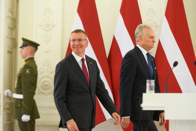 Gitanas Nauseda - Edgars Rinkvics meeting in Vilnius VILNIUS, LITHUANIA - JULY 15: Lithuanian President Gitanas Nauseda meets with Latvian President Edgars Rinkevics during his state visit to Vilnius, Lithuania on July 15, 2026. The leaders discussed regional security, defense cooperation, support for Ukraine, energy projects and the development of bilateral economic ties. Lithuania and Latvia signed a declaration confirming their strategic partnership and common priorities in security and other key areas. The visit marks the 35th anniversary of the restoration of diplomatic relations between the two Baltic states. Yauhen Yerchak Anadolu Vilnius Lithuania. Editorial use only. Please get in touch for any other usage.  Copyright: x2026xAnadoluxYauhenxYerchakx