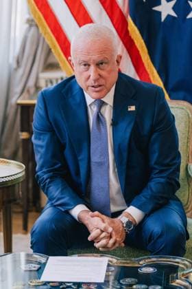 US ambassador to Belgium Bill White delivers a speech at a press conference regarding his audience with King Philippe and his ongoing efforts in Belgium to strengthen relations between the United States and Belgium on Wednesday 15 July 2026, in Brussels.  EMILExWINDAL 181178116