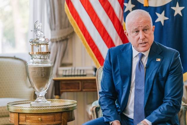 US ambassador to Belgium Bill White delivers a speech at a press conference regarding his audience with King Philippe and his ongoing efforts in Belgium to strengthen relations between the United States and Belgium on Wednesday 15 July 2026, in Brussels.  EMILExWINDAL 181178126