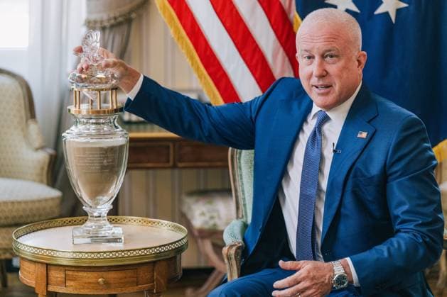 US ambassador to Belgium Bill White delivers a speech at a press conference regarding his audience with King Philippe and his ongoing efforts in Belgium to strengthen relations between the United States and Belgium on Wednesday 15 July 2026, in Brussels.  EMILExWINDAL 181178142