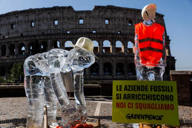 July 15, 2026, Rome, Italia, Italy: Green Peace initiative on the occasion of the European Day for the Victims of the Climate Crisis. In the photo, some ice statues depicting some of the categories of workers most exposed to heat waves. Rome, 15 07 2026. Rome Italy  - ZUMAa289 20260715_zia_a289_025 Copyright: xFrancescoxFotiax xAgfx
