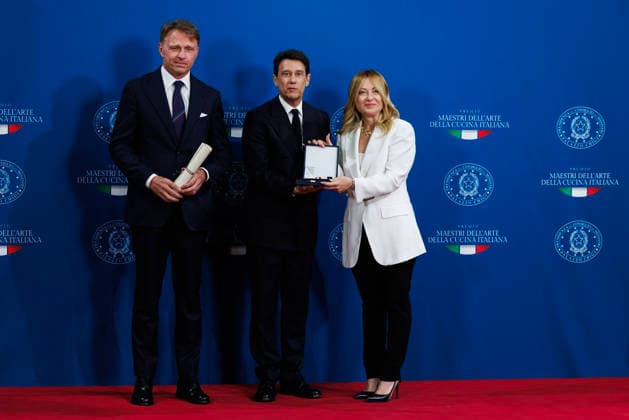 July 15, 2026, Rome, Italia, Italy: Prime Minister Giorgia Meloni, Minister of Agriculture and Food Sovereignty Francesco Lollobrigida, and Francesco Panella during the award ceremony for the Master of the Art of Italian Cuisine, Rome, July 15, 2026 Rome Italy  - ZUMAa289 20260715_zia_a289_057 Copyright: xFrancescoxFotiax xAgfx