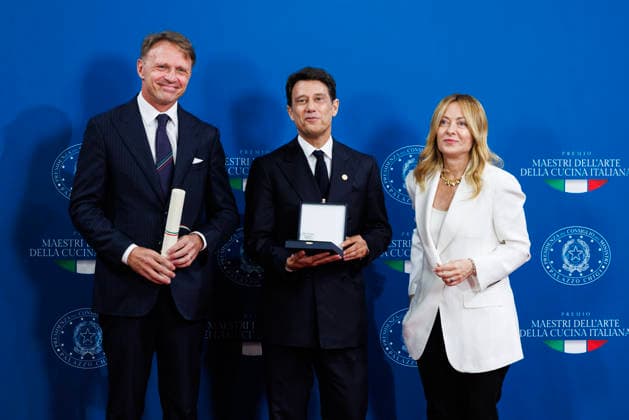 July 15, 2026, Rome, Italia, Italy: Prime Minister Giorgia Meloni, Minister of Agriculture and Food Sovereignty Francesco Lollobrigida, and Francesco Panella during the award ceremony for the Master of the Art of Italian Cuisine, Rome, July 15, 2026 Rome Italy  - ZUMAa289 20260715_zia_a289_058 Copyright: xFrancescoxFotiax xAgfx
