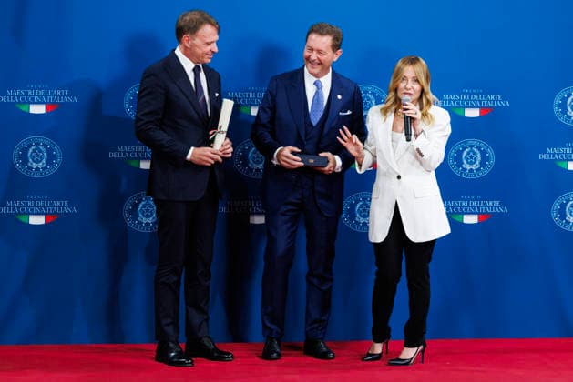July 15, 2026, Rome, Italia, Italy: Prime Minister Giorgia Meloni, Minister of Agriculture and Food Sovereignty Francesco Lollobrigida, and Enrico Cerea during the award ceremony for the Master of the Art of Italian Cuisine, Rome, July 15, 2026. Rome Italy  - ZUMAa289 20260715_zia_a289_061 Copyright: xFrancescoxFotiax xAgfx