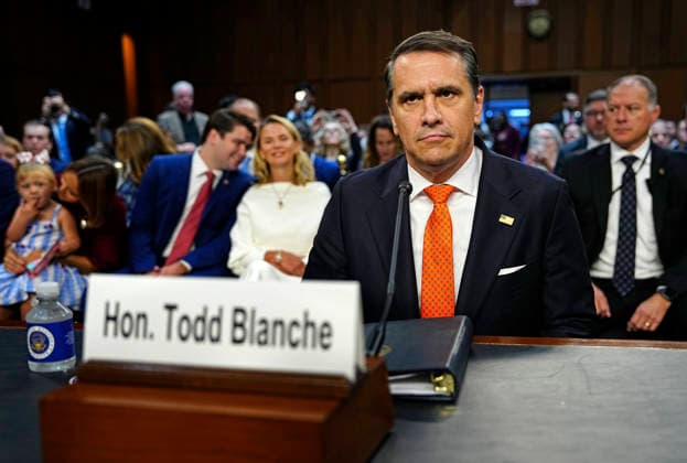 Acting Attorney General Todd Blanche arrives at the Senate Judiciary Committee hearing on his nomination to be attorney general at the U.S. Capitol in Washington, DC on Wednesday, July 15, 2026. Blanche has served as acting attorney general since April, when former Attorney General Pam Bondi was fired.  WAP20260715153 BONNIExCASH