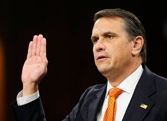 Acting Attorney General Todd Blanche is sworn in at the Senate Judiciary Committee hearing on his nomination to be attorney general at the U.S. Capitol in Washington, DC on Wednesday, July 15, 2026. Blanche has served as acting attorney general since April, when former Attorney General Pam Bondi was fired.  WAP20260715158 BONNIExCASH