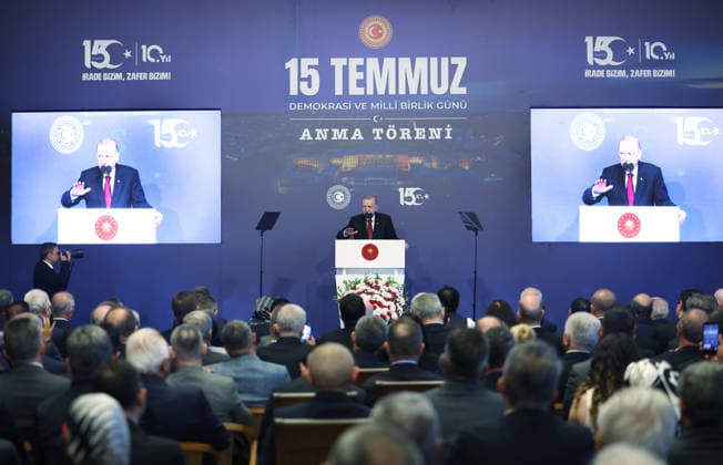 Turkish President Recep Tayyip Erdogan ANKARA, TURKIYE - JULY 15: (----EDITORIAL USE ONLY - MANDATORY CREDIT - TURKISH PRESIDENCY MURAT KULA HANDOUT - NO MARKETING NO ADVERTISING CAMPAIGNS - DISTRIBUTED AS A SERVICE TO CLIENTS----) Turkish President Recep Tayyip Erdogan speaks during the July 15 Democracy and National Unity Day commemoration program held at the Grand National Assembly of Turkiye in Ankara, Turkiye, on July 15, 2026. Turkish Presidency Murat Kula Handout Anadolu Ankara Turkey. Editorial use only. Please get in touch for any other usage.  Copyright: x2026xAnadoluxTurkishxPresidencyx xMuratxKulax xHandoutx