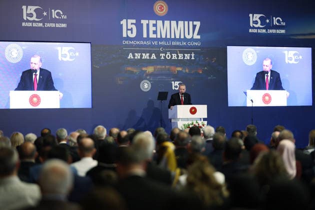Turkish President Recep Tayyip Erdogan ANKARA, TURKIYE - JULY 15: (----EDITORIAL USE ONLY - MANDATORY CREDIT - TURKISH PRESIDENCY MURAT CETINMUHURDAR HANDOUT - NO MARKETING NO ADVERTISING CAMPAIGNS - DISTRIBUTED AS A SERVICE TO CLIENTS----) Turkish President Recep Tayyip Erdogan delivers a speech during the July 15 Democracy and National Unity Day commemoration program at the Grand National Assembly of Turkiye in Ankara, Turkiye, on July 15, 2026. Turkish Presidency Murat Cetinmuhurdar Handout Anadolu Ankara Turkey. Editorial use only. Please get in touch for any other usage.  Copyright: x2026xAnadoluxTurkishxPresidencyx xMuratxCetinmuhurdarx xHandoutx