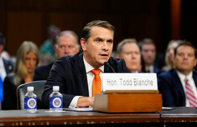 Acting Attorney General Todd Blanche testifies at the Senate Judiciary Committee hearing on his nomination to be attorney general at the U.S. Capitol in Washington, DC on Wednesday, July 15, 2026. Blanche has served as acting attorney general since April, when former Attorney General Pam Bondi was fired.  WAP20260715163 BONNIExCASH
