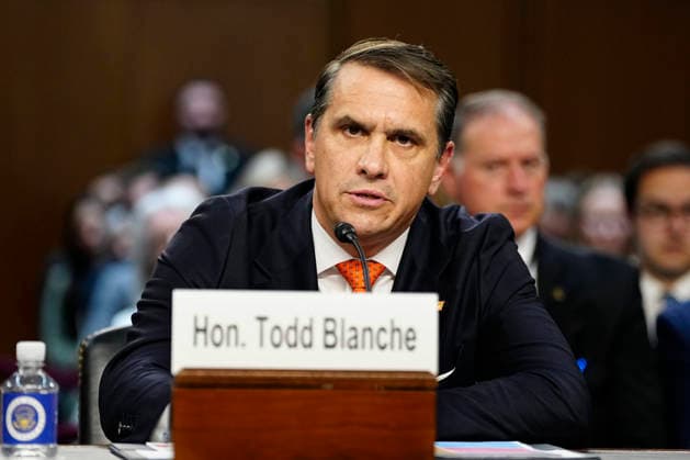 Acting Attorney General Todd Blanche testifies at the Senate Judiciary Committee hearing on his nomination to be attorney general at the U.S. Capitol in Washington, DC on Wednesday, July 15, 2026. Blanche has served as acting attorney general since April, when former Attorney General Pam Bondi was fired.  WAP20260715166 BONNIExCASH