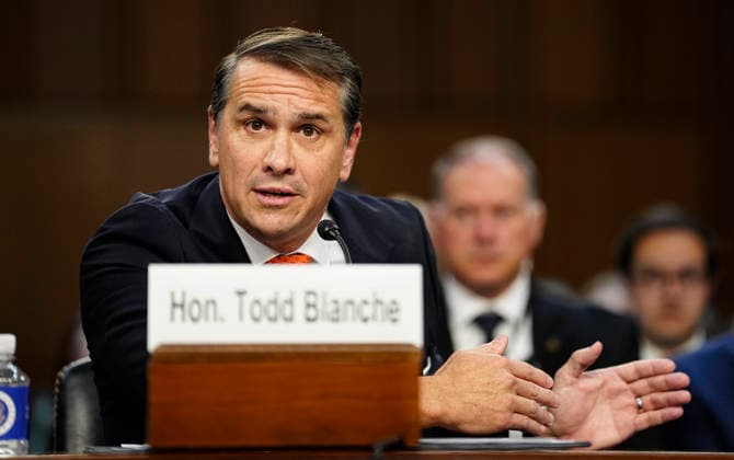 Acting Attorney General Todd Blanche testifies at the Senate Judiciary Committee hearing on his nomination to be attorney general at the U.S. Capitol in Washington, DC on Wednesday, July 15, 2026. Blanche has served as acting attorney general since April, when former Attorney General Pam Bondi was fired.  WAP20260715169 BONNIExCASH