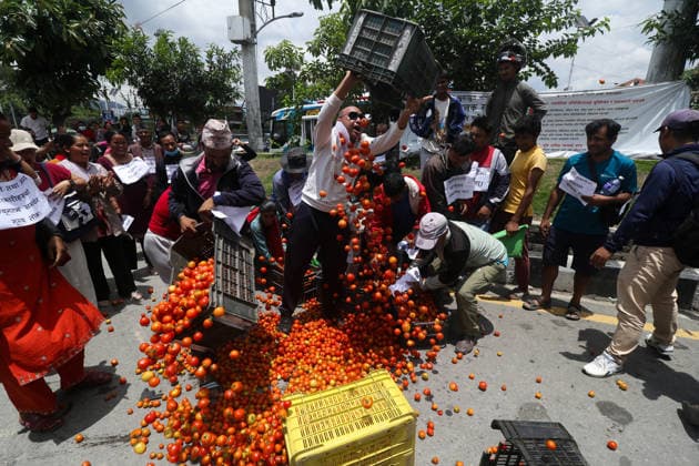 News Bilder des Tages July 15, 2026, Kathmandu, Bagmati, Nepal: Nepali farmers throw tomatoes on the road during a protest demanding fair market prices in Kathmandu, Nepal. Kathmandu Nepal - ZUMAd164 20260715_zip_d164_002 Copyright: xAryanxDhimalx