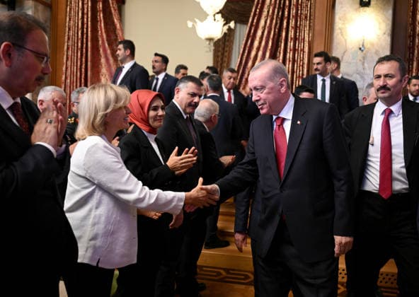 Turkish President Recep Tayyip Erdogan ANKARA, TURKIYE - JULY 15: Turkish President Recep Tayyip Erdogan (2nd R) greets former Prime Minister Tansu Ciller (2nd L) upon his arrival at the July 15 Democracy and National Unity Day commemoration program at the Grand National Assembly of Turkiye in Ankara, Turkiye, on July 15, 2026. Rasit Aydogan Anadolu Ankara Turkey. Editorial use only. Please get in touch for any other usage.  Copyright: x2026xAnadoluxRasitxAydoganx