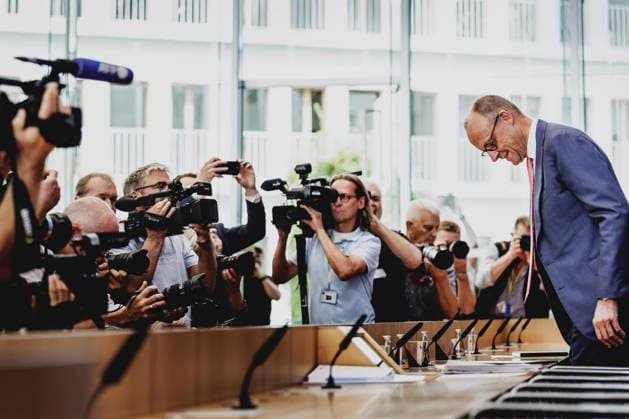 Friedrich Merz (CDU), Bundeskanzler, aufgenommen im Rahmen der Sommerpressekonferenz in der BPK in Berlin, 15.07.2026. Berlin Deutschland *** Friedrich Merz (CDU), Federal Chancellor, photographed during the summer press conference at the BPK in Berlin, July 15, 2026, Berlin, Germany Copyright: xFlorianxGaertnerx