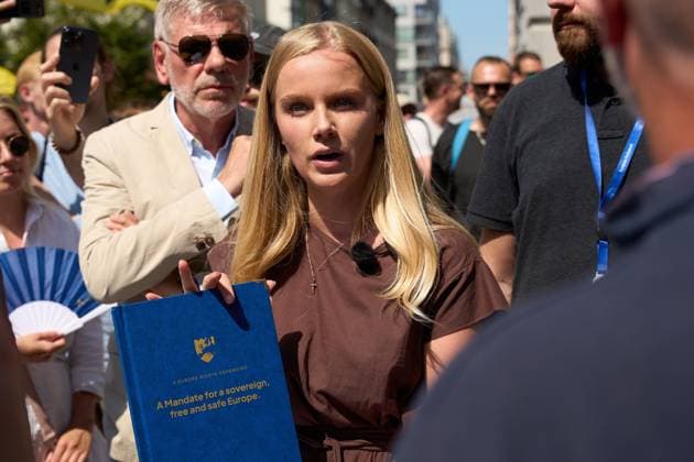 July 15, 2026, Brussels, Belgium: BRUSSELS, BELGIUM Ã¢â‚¬ JULY 15, 2026: Far-right activists Martin Sellner, Eva Vlaardingerbroek, Dries Van Langenhove, Andrea Ballarati and Lucy White joined Members of the European Parliament Dominik TarczyAski, Sebastian Tynkkynen and Geadis Geadi, along with around 200 participants, during the Save Europe Act rally at Place du Luxembourg in Brussels on July 15, 2026. Demonstrators later marched to the entrance of the European Parliament, where organizers symbolically delivered more than 500,000 printed signatures in support of their Save Europe Act initiative. Redu Lonescu JNA PRESS Brussels Belgium  - ZUMAq101 20260715_zna_q101_105 Copyright: xRaduxIonescux
