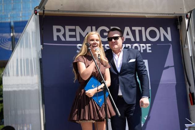 July 15, 2026, Brussels, Belgium: BRUSSELS, BELGIUM Ã¢â‚¬ JULY 2026: Far-right activists Martin Sellner, Eva Vlaardingerbroek, Dries Van Langenhove, Andrea Ballarati and Lucy White joined MEPs Dominik TarczyAski, Sebastian Tynkkynen, Geadis Geadi and 200 participants at the Save Europe Act rally in Place du Luxembourg on Wednesday. They later marched to the entrance of the European Parliament, where organizers symbolically delivered more than 500,000 printed signatures supporting their Save Europe Act initiative in a wheelbarrow. JNA Press. Brussels Belgium - ZUMAq101 20260715_zna_q101_169 Copyright: xRaduxIonescux