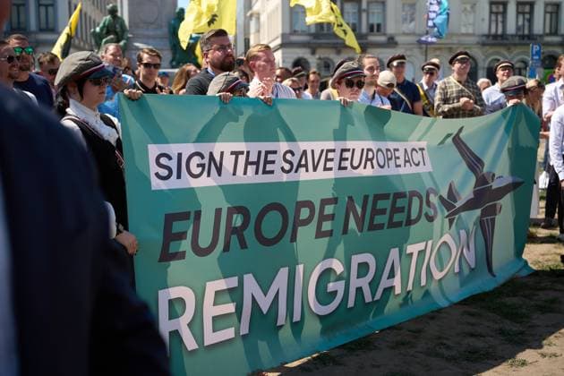 July 15, 2026, Brussels, Belgium: BRUSSELS, BELGIUM Ã¢â‚¬ JULY 2026: Far-right activists Martin Sellner, Eva Vlaardingerbroek, Dries Van Langenhove, Andrea Ballarati and Lucy White joined MEPs Dominik TarczyAski, Sebastian Tynkkynen, Geadis Geadi and 200 participants at the Save Europe Act rally in Place du Luxembourg on Wednesday. They later marched to the entrance of the European Parliament, where organizers symbolically delivered more than 500,000 printed signatures supporting their Save Europe Act initiative in a wheelbarrow. JNA Press. Brussels Belgium - ZUMAq101 20260715_zna_q101_174 Copyright: xRaduxIonescux