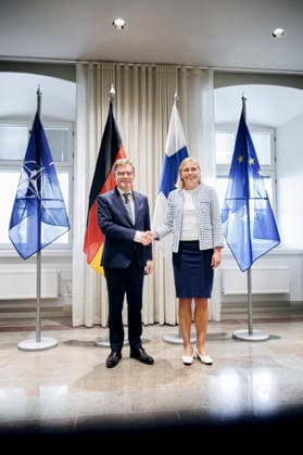 Johann Wadephul (CDU), Bundesaussenminister, trifft Elina Valtonen, Aussenministerin der Republik Finnland. Helsinki, 15.07.2026. Fotografiert im Auftrag des Auswaertigen Amtes Helsinki Finnland *** Johann Wadephul (CDU), Federal Minister of Foreign Affairs, meets with Elina Valtonen, Minister of Foreign Affairs of the Republic of Finland, in Helsinki, July 15, 2026. Photographed on behalf of the Federal Foreign Office, Helsinki, Finland Copyright: xThomasxTrutschel AAx