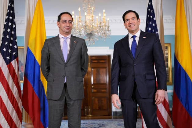 U.S. Secretary of State Marco Rubio (R) poses alongside Colombia’s vice president-elect, Jose Manuel Restrepo (L), prior to a meeting at the State Department in Washington, D.C., United States, 15 July 2026. Rubio welcomed Restrepo to a meeting in which the Donald Trump administration demonstrated its support for the future government of Colombia’s president-elect, Abelardo de la Espriella. Rubio Welcomes Colombia s Vice President-elect to Show Support for the New Government !ACHTUNG: NUR REDAKTIONELLE NUTZUNG!  Copyright: xLeninxNollyx USA2282 20260715-55020902913_1