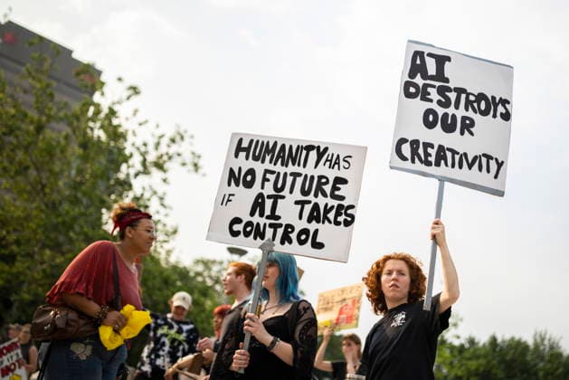 July 15, 2026, Hamilton, On, Canada: People in opposition to AI data centres demonstrate outside city hall in Hamilton, Wednesday, July 15, 2026. Hamilton Canada  - ZUMAc35_ 20260715_zaf_c35_027 Copyright: xNickxIwanyshynx