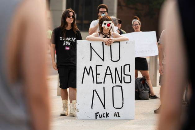 July 15, 2026, Hamilton, On, Canada: People in opposition to AI data centres demonstrate outside city hall in Hamilton, Wednesday, July 15, 2026. Hamilton Canada  - ZUMAc35_ 20260715_zaf_c35_031 Copyright: xNickxIwanyshynx