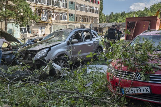 Russian guided bomb strike damages industrial zone in Kharkiv KHARKIV, UKRAINE - JULY 15: The aftermath of a strike by a Russian guided aerial bomb is seen in an industrial zone in Kharkiv, Ukraine, on July 15, 2026. The attack caused severe damage to industrial buildings housing woodworking, footwear and clothing manufacturing facilities, as well as other civilian enterprises. Seven vehicles parked near the impact site were also damaged. According to local authorities, eight civilians were injured in the strike. Men aged 44, 49, 50 and 57, along with women aged 31, 51 and 60, were hospitalized with injuries of varying severity. A 51-year-old man who suffered cuts from shattered glass received medical treatment at the scene. Serhii Masin  Copyright: x2026xAnadoluxSerhiixMasinx
