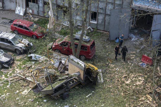 Russian guided bomb strike damages industrial zone in Kharkiv KHARKIV, UKRAINE - JULY 15: The aftermath of a strike by a Russian guided aerial bomb is seen in an industrial zone in Kharkiv, Ukraine, on July 15, 2026. The attack caused severe damage to industrial buildings housing woodworking, footwear and clothing manufacturing facilities, as well as other civilian enterprises. Seven vehicles parked near the impact site were also damaged. According to local authorities, eight civilians were injured in the strike. Men aged 44, 49, 50 and 57, along with women aged 31, 51 and 60, were hospitalized with injuries of varying severity. A 51-year-old man who suffered cuts from shattered glass received medical treatment at the scene. Serhii Masin  Copyright: x2026xAnadoluxSerhiixMasinx