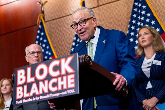 Senate Minority Leader Chuck Schumer, D-NY, speaks during a press conference with survivors of convicted sex offender Jeffrey Epstein at the U.S. Capitol in Washington, DC on Wednesday, June 15, 2026. Epstein survivors and survivors family spoke against Todd Blanche s nomination to be U.S. Attorney General following his Senate Judiciary Committee nomination hearing.  WAP20260715502 BONNIExCASH
