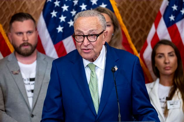 Senate Minority Leader Chuck Schumer, D-NY, speaks during a press conference with survivors of convicted sex offender Jeffrey Epstein at the U.S. Capitol in Washington, DC on Wednesday, June 15, 2026. Epstein survivors and survivors family spoke against Todd Blanche s nomination to be U.S. Attorney General following his Senate Judiciary Committee nomination hearing.  WAP20260715503 BONNIExCASH