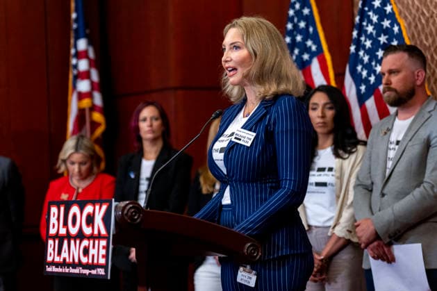 Laura Blume McGee, a survivor of convicted sex offender Jeffrey Epstein, speaks during a press conference with other survivors at the U.S. Capitol in Washington, DC on Wednesday, June 15, 2026. Epstein survivors and survivors family spoke against Todd Blanche s nomination to be U.S. Attorney General following his Senate Judiciary Committee nomination hearing.  WAP20260715507 BONNIExCASH
