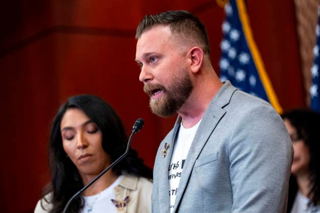 Sky and Virginia Roberts, brother and sister-in-law- of Epstein survivor Virginia Roberts Giuffre, speak during a press conference with survivors of convicted sex offender Jeffrey Epstein at the U.S. Capitol in Washington, DC on Wednesday, June 15, 2026. Epstein survivors and survivors family spoke against Todd Blanche s nomination to be U.S. Attorney General following his Senate Judiciary Committee nomination hearing.  WAP20260715514 BONNIExCASH