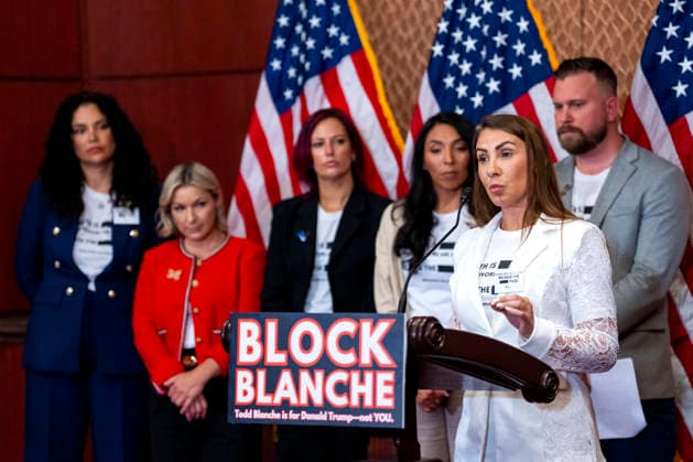 Marina Lacerda, a survivor of convicted sex offender Jeffrey Epstein, speaks during a press conference with other survivors at the U.S. Capitol in Washington, DC on Wednesday, June 15, 2026. Epstein survivors and survivors family spoke against Todd Blanche s nomination to be U.S. Attorney General following his Senate Judiciary Committee nomination hearing.  WAP20260715519 BONNIExCASH