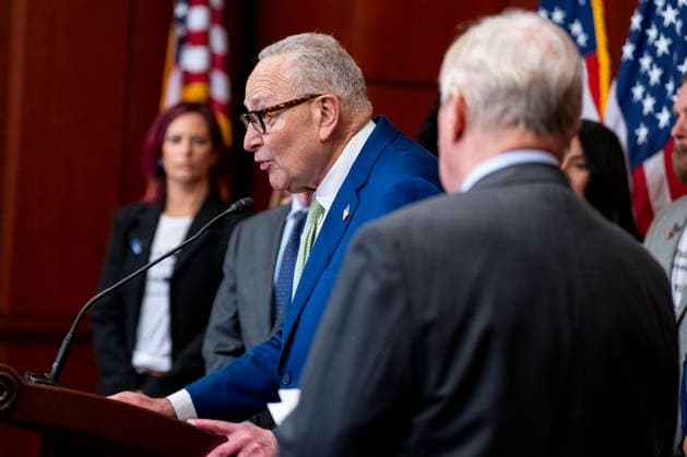 Senate Minority Leader Chuck Schumer, D-NY, speaks during a press conference with survivors of convicted sex offender Jeffrey Epstein at the U.S. Capitol in Washington, DC on Wednesday, June 15, 2026. Epstein survivors and survivors family spoke against Todd Blanche s nomination to be U.S. Attorney General following his Senate Judiciary Committee nomination hearing.  WAP20260715498 BONNIExCASH