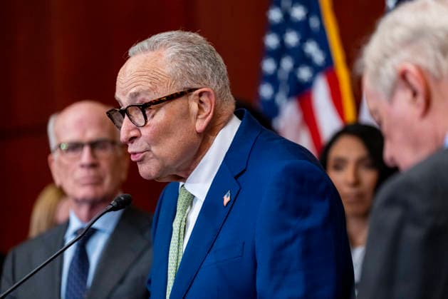 Senate Minority Leader Chuck Schumer, D-NY, speaks during a press conference with survivors of convicted sex offender Jeffrey Epstein at the U.S. Capitol in Washington, DC on Wednesday, June 15, 2026. Epstein survivors and survivors family spoke against Todd Blanche s nomination to be U.S. Attorney General following his Senate Judiciary Committee nomination hearing.  WAP20260715499 BONNIExCASH