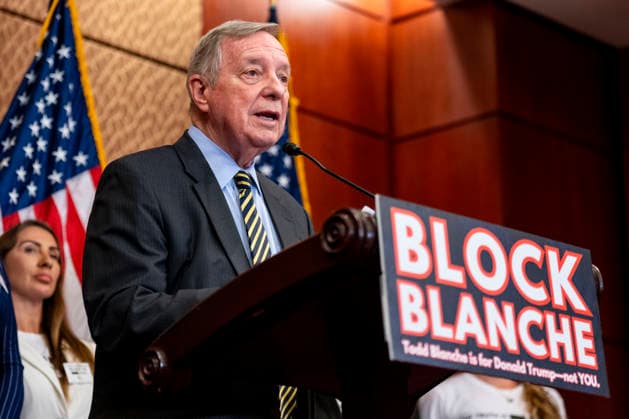 Senate Minority Whip Dick Durbin, D-IL, speaks during a press conference with survivors of convicted sex offender Jeffrey Epstein at the U.S. Capitol in Washington, DC on Wednesday, June 15, 2026. Epstein survivors and survivors family spoke against Todd Blanche s nomination to be U.S. Attorney General following his Senate Judiciary Committee nomination hearing.  WAP20260715504 BONNIExCASH