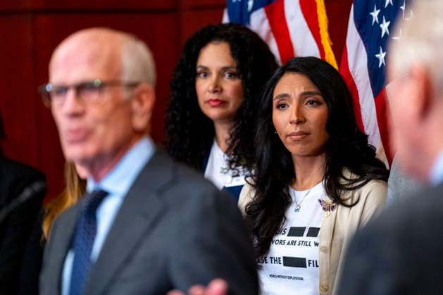 Amanda Roberts, the sister of Epstein survivor Virginia Roberts Giuffre, and Sharlene Rochard, an Epstein survivor look on as Sen. Peter Walsh, D-VT, speaks during a press conference with survivors of convicted sex offender Jeffrey Epstein at the U.S. Capitol in Washington, DC on Wednesday, June 15, 2026. Epstein survivors and survivors family spoke against Todd Blanche s nomination to be U.S. Attorney General following his Senate Judiciary Committee nomination hearing.  WAP20260715505 BONNIExCASH
