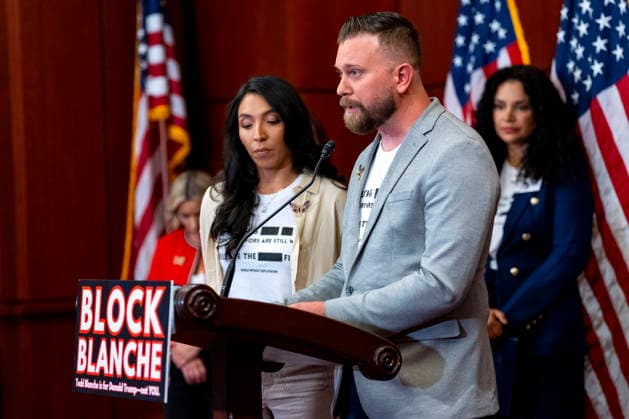 Sky and Virginia Roberts, brother and sister-in-law- of Epstein survivor Virginia Roberts Giuffre, speak during a press conference with survivors of convicted sex offender Jeffrey Epstein at the U.S. Capitol in Washington, DC on Wednesday, June 15, 2026. Epstein survivors and survivors family spoke against Todd Blanche s nomination to be U.S. Attorney General following his Senate Judiciary Committee nomination hearing.  WAP20260715513 BONNIExCASH