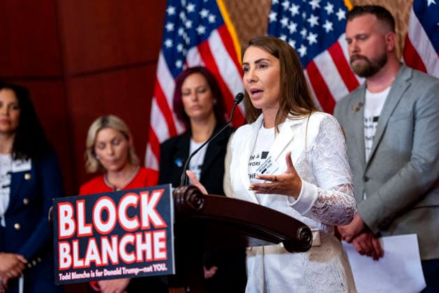 Marina Lacerda, a survivor of convicted sex offender Jeffrey Epstein, speaks during a press conference with other survivors at the U.S. Capitol in Washington, DC on Wednesday, June 15, 2026. Epstein survivors and survivors family spoke against Todd Blanche s nomination to be U.S. Attorney General following his Senate Judiciary Committee nomination hearing.  WAP20260715521 BONNIExCASH