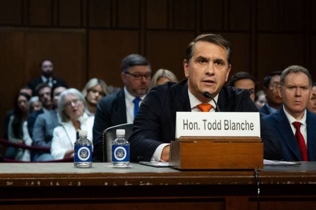 Todd Blanche Attorney General confirmation hearing WASHINGTON, D.C., U.S. - JULY 15: Acting Attorney General Todd Blanche testifies before the Senate Judiciary Committee during a confirmation hearing for permanent appointment to the position. Blanche is a controversial choice for the AG role as he previously served as U.S. President Donald Trump™s personal attorney and faces accusations of mismanagement and deliberate obfuscation in releasing the Epstein files. Washington, DC DC United States of America Copyright: x xAllisonxBaileyx xJNAxPressx